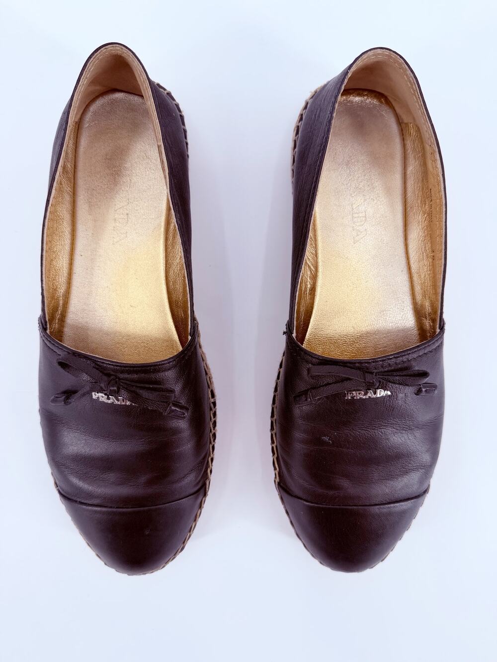 Prada Black Leather Cap Toe Espadrille Bow Ballerina Jute Slip On Flats 39